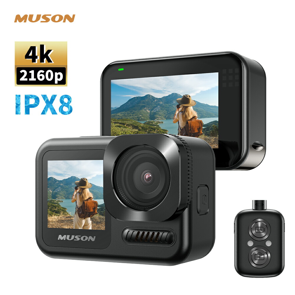 【IPX8本機防水20M】アクションカメラ 4K 60fps 48MP デュアルカラースクリーン 水中カメラ スポーツカメラ 6軸手ぶれ補正(EIS 2.0) 歪み修正機能 170度広角レンズ マイク付 リモコン付 Wi-Fi転送 1350mAhバッテリー2個 三脚スタンドなど豊富なアクセサリー付 MUSON Ultra2