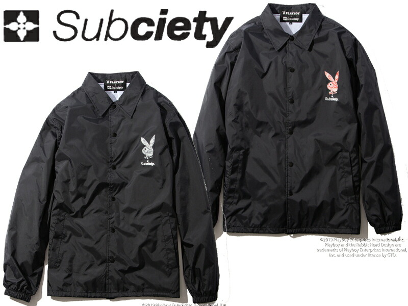 PLAYBOYxSubciety Capsule collection サブサエティ コーチジャケット ナイロン上衣  プレイボーイ 上衣 表どおり COACH JKT コーチ職 うしろ側ロゴタイプ 定番 アウター 105-60149 家兎 家兎目じるし 文字記号