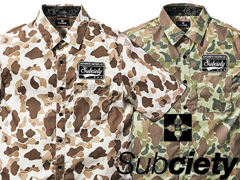 Subciety サブサエティ 半袖シャツ ボタンシャツ エンブレムシャツ ワークシャツ 10412 EMBLEM SHIRTS S/S カモ柄　迷彩　ストリート OLLIE SAMURAI オーリー サムライ｜BRAYZ
