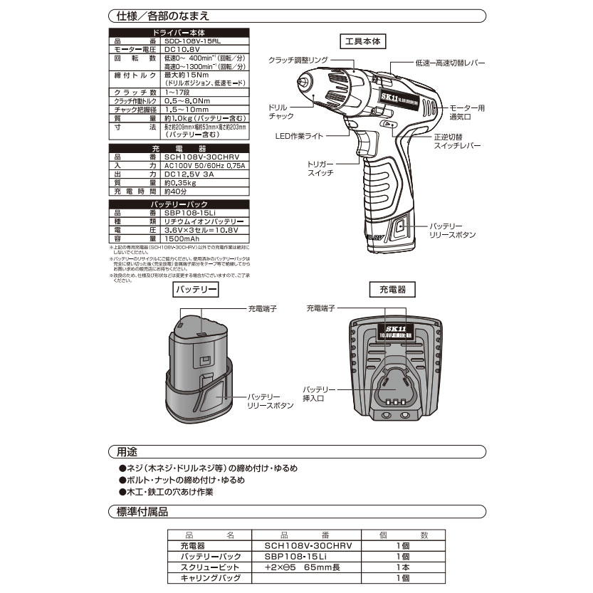 新品本物 藤原産業 SK11 10.8V充電ドリルドライバー SDD-108V-15RLS
