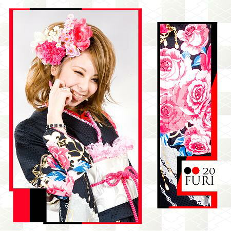 041F-1【黒地薔薇シャンデリア模様/レンタル4泊5日/往復送料無料】《ふりそで　振袖　着物　成人式　結婚式　女　フルセット　レンタル振袖　振袖一式　白　黒　ピンク　薔薇》レンタルきもの岐阜