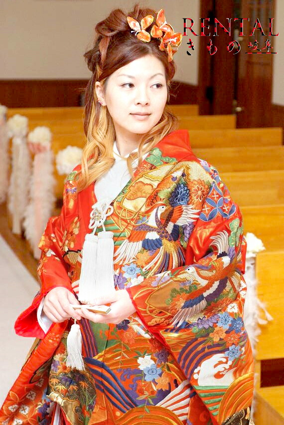 103U【花嫁御寮朱赤いこと打掛一揃い賃借/4泊5日/往復貨物輸送無料】《花嫁御寮 御召しもの 貸御召しもの 打ち掛け 打掛 色打掛 新和装 打掛賃借 色打掛賃借 和 華燭の典御召しもの フルセット 打掛一揃い 往復貨物輸送無料 扇 波 白鶴》