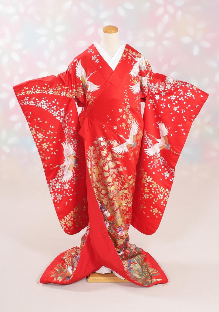 003U【花嫁赤色打掛一式レンタル/4泊5日/往復送料無料】《花嫁 衣装 貸衣装 打ち掛け 打掛 色打掛 新和装 打掛レンタル 色打掛レンタル 和 婚礼衣装 フルセット 打掛一式 往復送料無料 桜吹雪 白鶴》