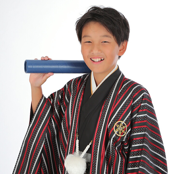 【レンタル】 小学生 男子 袴セット 卒業式 (HK_B26) 130cm 140cm 黒 赤 白 ストライプ 男の子 男児 小学校 10歳 13歳 袴 はかま ハカマ フルセット 貸衣装 和装 卒業袴 卒業 ハーフ成人式 結婚式 【往復送料無料】