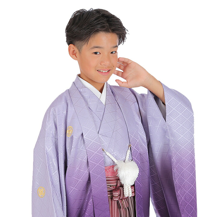 【レンタル】 小学生 男子 袴セット 卒業式 (HK_B61) 140cm 150cm 160cm 薄紫 グラデーション えんじ色 菱型文 男の子 男児 小学校 10歳 13歳 袴 はかま ハカマ フルセット 貸衣装 和装 卒業袴 卒業 ハーフ成人式 結婚式 【往復送料無料】|レンタルコスチュームのウエヤマ
