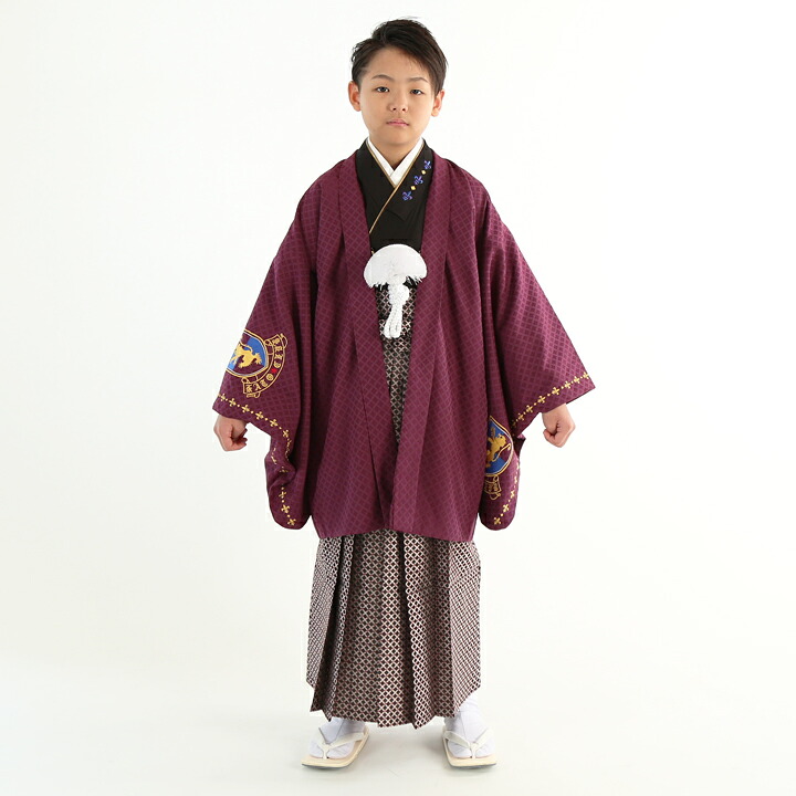 【レンタル】 小学生 男子 袴セット 卒業式 (HK_B02) 130cm 140cm 紫 黒 エンブレム 男の子 男児 小学校 10歳 13歳 袴 はかま ハカマ フルセット 貸衣装 和装 卒業袴 卒業 ハーフ成人式 結婚式 【往復送料無料】|レンタルコスチュームのウエヤマ