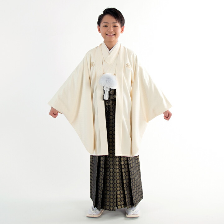 【レンタル】 小学生 男子 袴セット 卒業式 (HK_B32) 140cm 150cm 白 黒 菱型文 男の子 男児 小学校 10歳 13歳 袴 はかま ハカマ フルセット 貸衣装 和装 卒業袴 卒業 ハーフ成人式 結婚式 【往復送料無料】