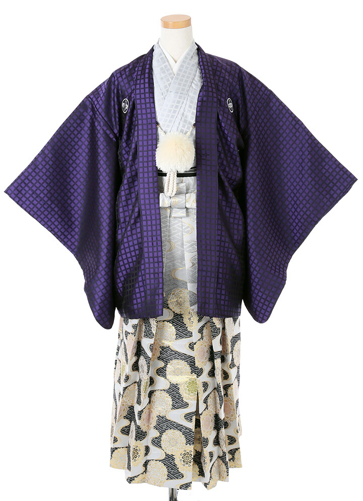 【レンタル】 小学生 男子 袴セット 卒業式 (HK_B60) 140cm 150cm 160cm 紫 シルバー 弁慶格子 紗綾形 男の子 男児 小学校 10歳 13歳 袴 はかま ハカマ フルセット 貸衣装 和装 卒業袴 卒業 ハーフ成人式 結婚式 【往復送料無料】｜レンタルコスチュームのウエヤマ