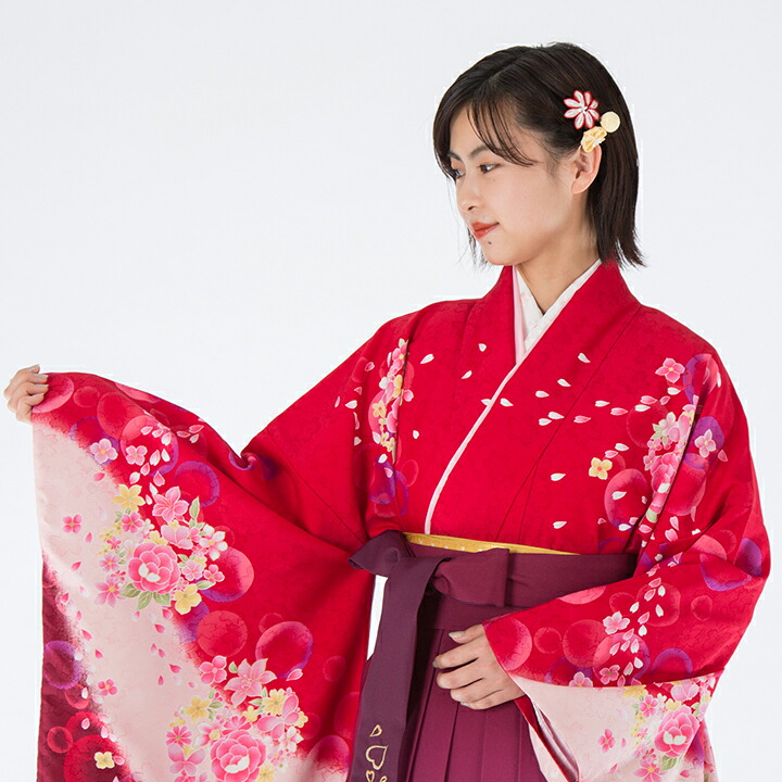 【レンタル】 小学生 女子 袴セット 卒業式 (HK_149) 160cm 170cm 赤 エンジ色 薔薇 ハート 女の子 女児 小学校 10歳 13歳 袴 はかま ハカマ フルセット 貸衣装 和装 卒業袴 卒業 ハーフ成人式 結婚式 十三詣 【往復送料無料】｜レンタルコスチュームのウエヤマ