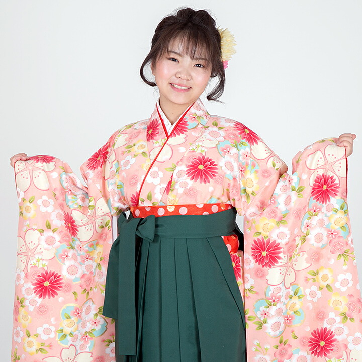 【レンタル】 小学生 女子 袴セット 卒業式 (HK_03) 140cm 150cm ピンク 緑 桜 菊 女の子 女児 小学校 10歳 13歳 袴 はかま ハカマ フルセット 貸衣装 和装 卒業袴 卒業 ハーフ成人式 結婚式 十三詣 【往復送料無料】