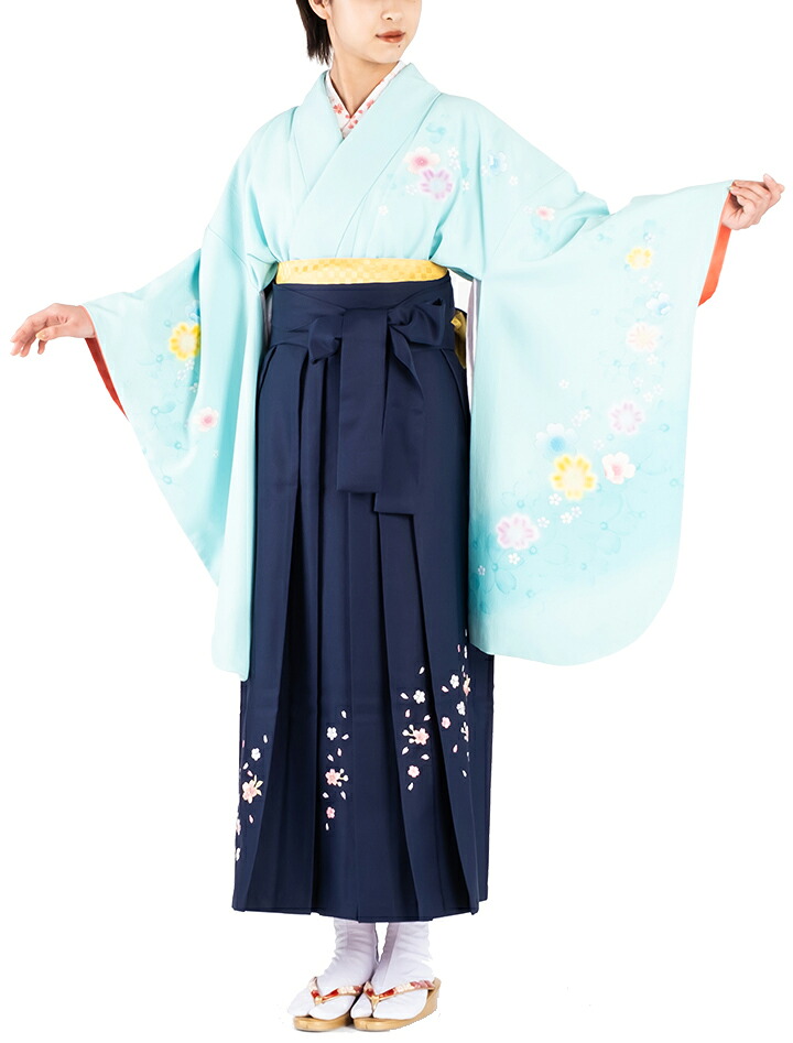 【レンタル】 レディース 袴セット 卒業式 (HK-114) 140cm 150cm 水色 紺 桜刺繍 女性 レディース 成人 二十歳 20歳 18歳 袴 はかま ハカマ フルセット 貸衣装 和装 卒業袴 成人袴 成人式 式典 【往復送料無料】