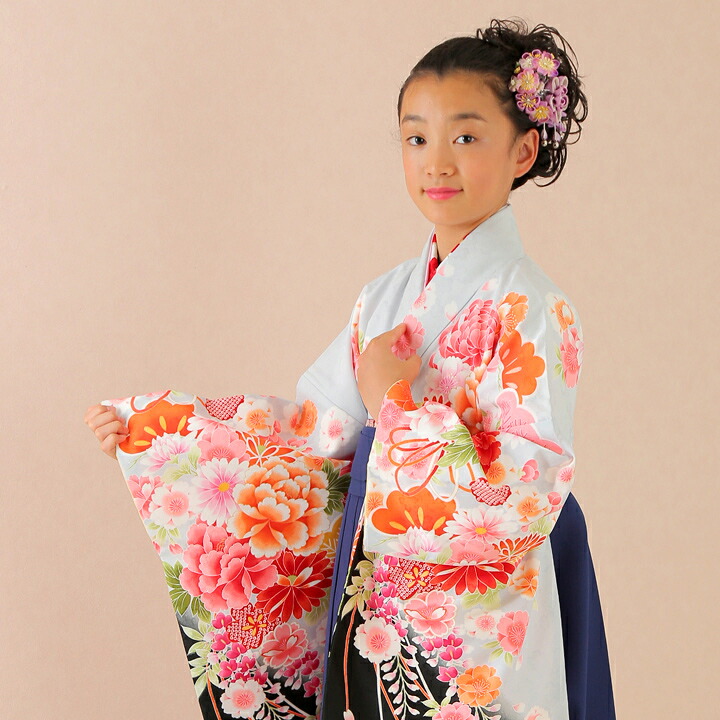 【レンタル】 小学生 女子 袴セット 卒業式 (HK_18) 150cm 160cm 薄水色 紺 牡丹 桜 菊 女の子 女児 小学校 10歳 13歳 袴 はかま ハカマ フルセット 貸衣装 和装 卒業袴 卒業 ハーフ成人式 結婚式 十三詣 【往復送料無料】