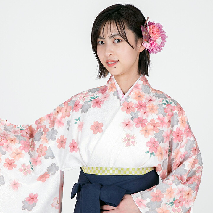 【レンタル】 小学生 女子 袴セット 卒業式 (HK_55) 150cm 160cm 白 濃紺 桜 女の子 女児 小学校 10歳 13歳 袴 はかま ハカマ フルセット 貸衣装 和装 卒業袴 卒業 ハーフ成人式 結婚式 十三詣 【往復送料無料】|レンタルコスチュームのウエヤマ