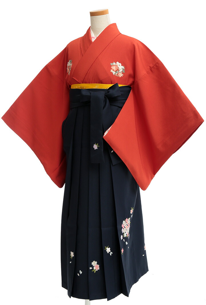 【レンタル】 小学生 女子 袴セット 卒業式 (HK-63) 140cm 150cm 朱赤 紺 桜 花紋 女の子 女児 小学校 10歳 13歳 袴 はかま ハカマ フルセット 貸衣装 和装 卒業袴 卒業 ハーフ成人式 結婚式 十三詣 【往復送料無料】