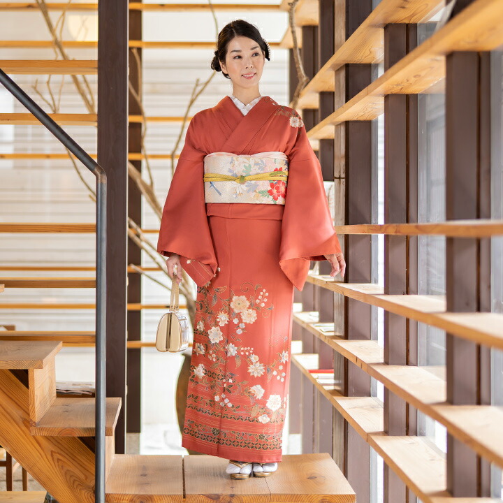 【レンタル】高級正絹 訪問着 フルセットレンタル 訪問着 赭色 花唐草文様 レンタル（HO-MI209）結婚式 列席衣装 訪問着 レンタル 入学式 卒業式 パーティー 叔母 親戚 叙勲 式典着物