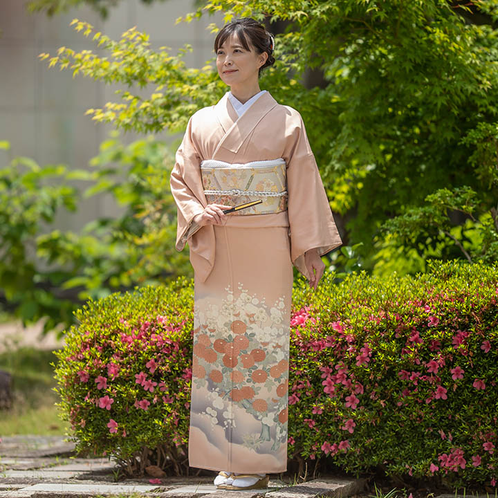 ［ 色留袖 ］正絹　薄赤　一つ紋　松　桜　梅　菊　あやめ　紅葉　波　礼装 楽天市場】【レンタル 高級正絹 色留袖 フルセットレンタル】紅梅色 松