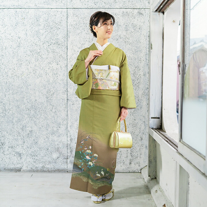 【レンタル 色留袖 フルセットレンタル】青朽葉色 牡丹・白鷺（ITS-MI202P）留袖 レンタル 色留め袖 結婚式 列席衣装 色留袖 入学式 卒業式 母親 叔母 式典 親戚叙勲 式典 仲人 安い 人気
