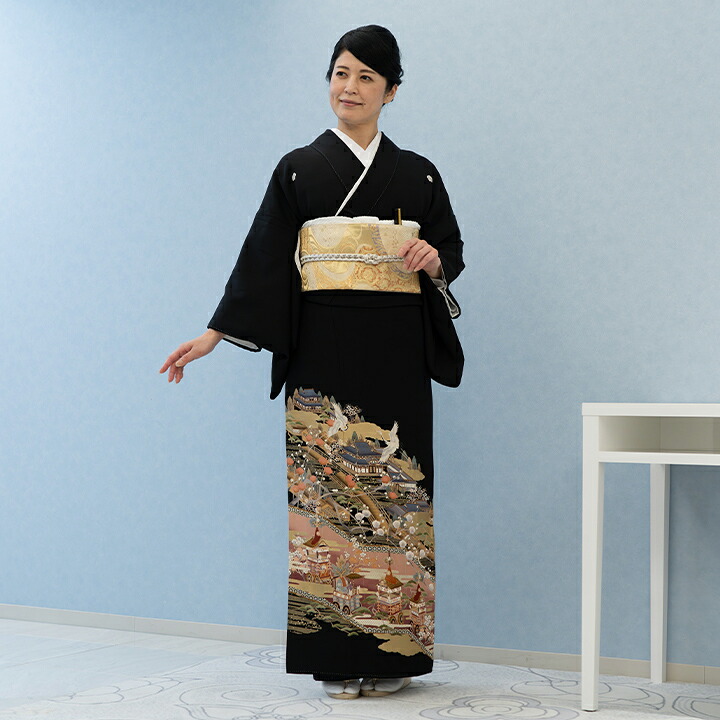 【留袖 レンタル フルセット】【往復送料無料】高級正絹 留袖 レンタル 風景文様・屏風 TS-MI072 結婚式 母親 衣装 黒留袖 レンタル留袖 結婚式母親 親族 留袖 式典 叙勲 留袖 レンタル 安い オシャレ｜レンタルコスチュームのウエヤマ