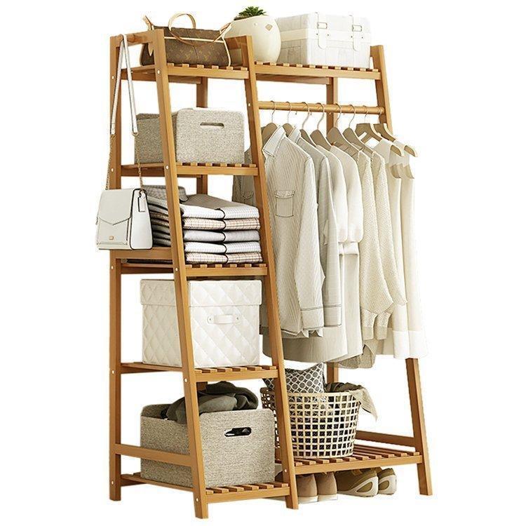 ハンガーラック 天然竹製 5段棚 洋服掛け ラック ワードローブ クローゼット 洋服ラック コートハンガー 洋服掛け スタンド 衣類収納 頑丈 大容量｜ブリッジ雑貨