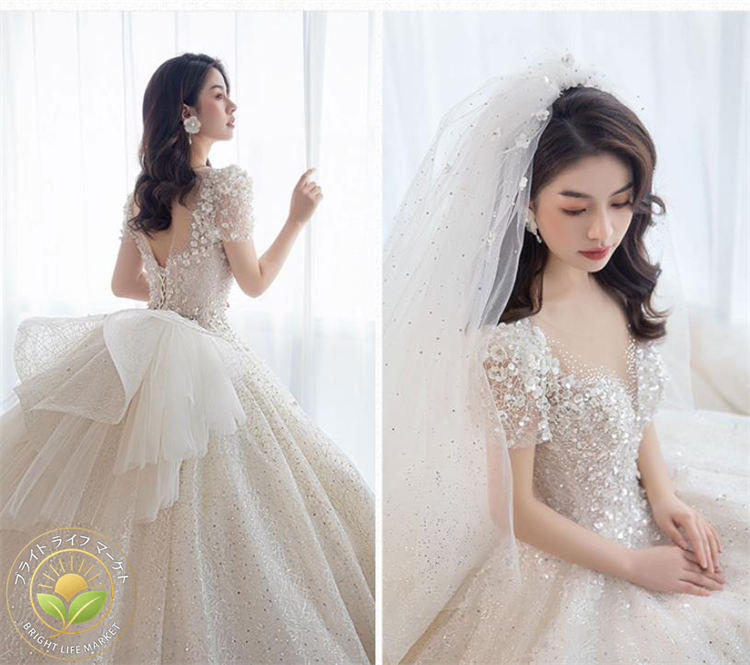 高級質感ワンショルダー白いブライダル花嫁ウェディングドレス結婚式披露宴二次会礼服 パーティードレスワンピースビスチェドレス ロングタイプ お姫様ドレスシンプルエンパイア カジュアル エンパイアドレス 編み上げタイプ 床付き・トレーン