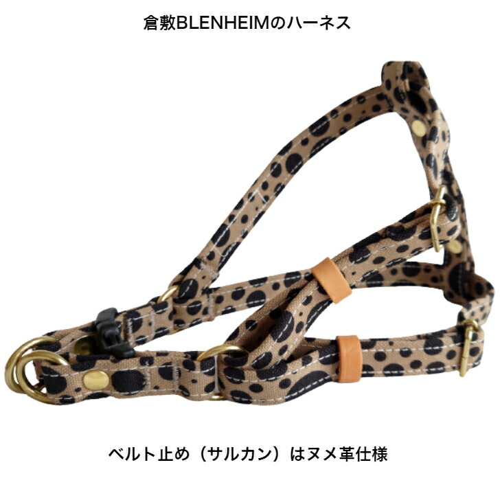 ハーネスLサイズブラウン×水玉ブラックオリジナルドット倉敷帆布BLENHEIM丈夫なダブルリング犬用胴輪おしゃれ幅20mm胴回り46〜70cm