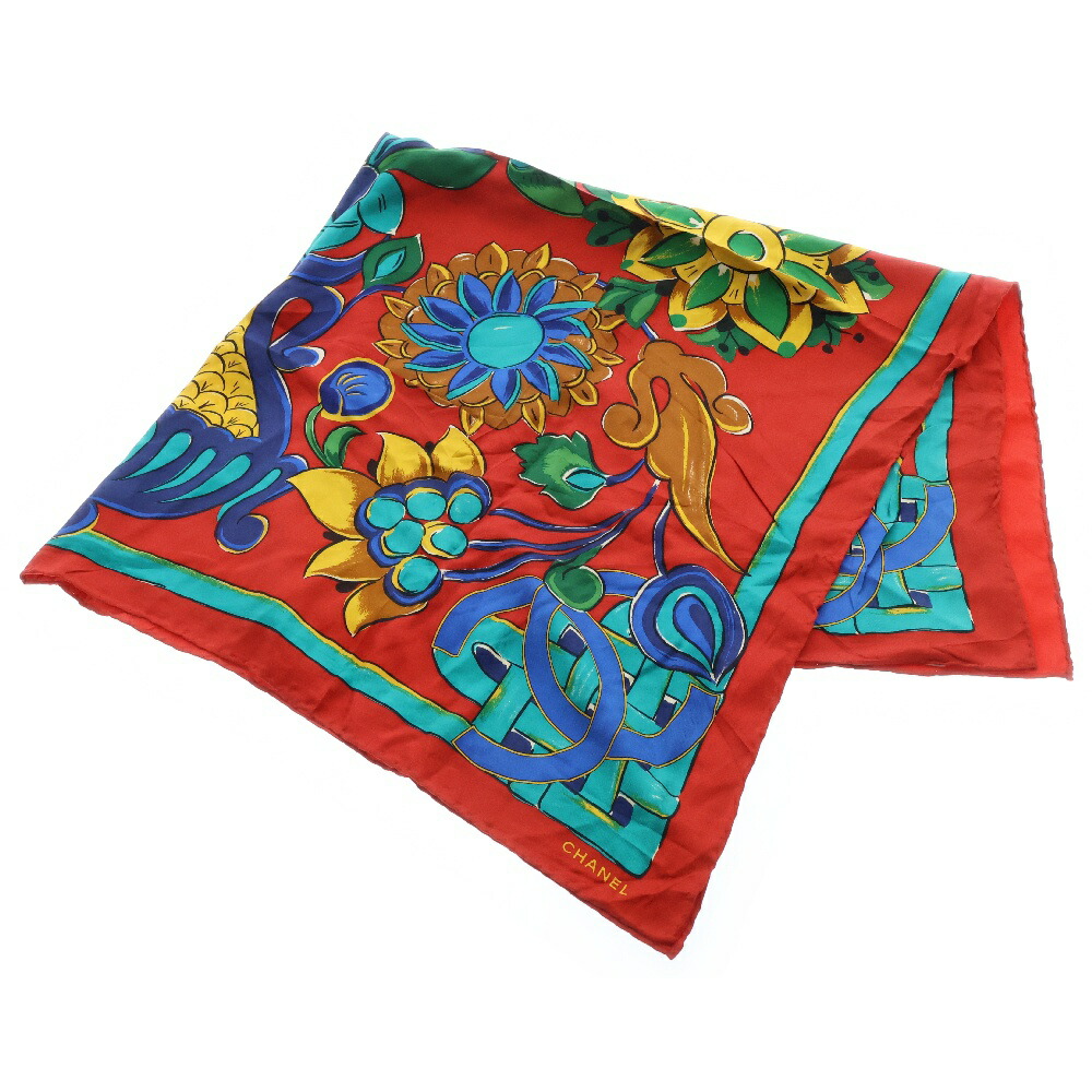 【美品】CHANEL柄 scarf スカーフ　ココマーク　silkシルク　大判 シャネル 大判スカーフ ココマーク チェーン柄 シルク100