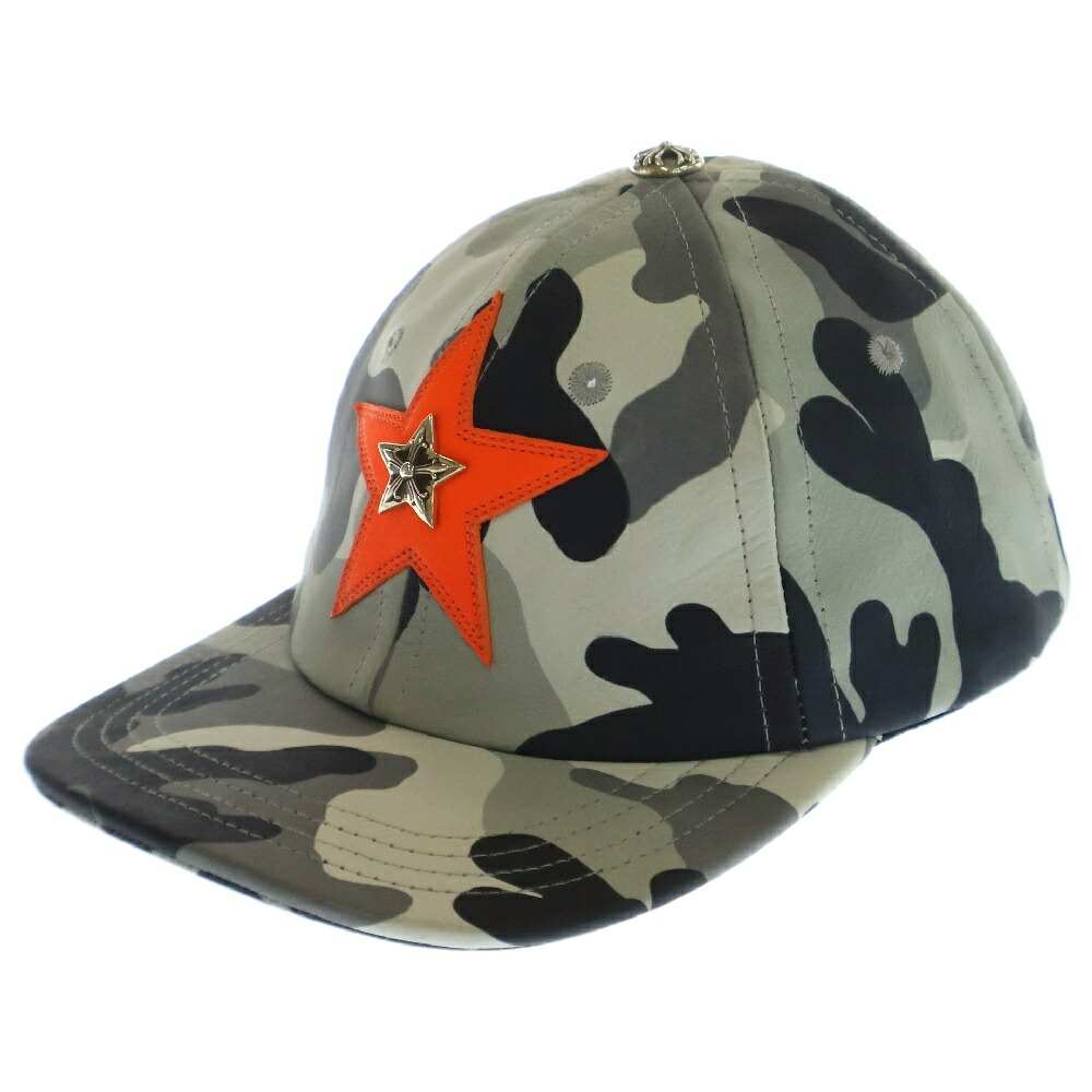 CHROME HEARTS(クロムハーツ) 大きさ:os STR CAMO LEATHER CAP はやりっ児継ぎ切れ 合鴨 なめし革旗がしら 鳥打ち帽 薄墨色/オレンジ色【新古品/中古】【度合いS】【色つや薄墨色】【取りまわしバス発着場BRING亜米利加村店】