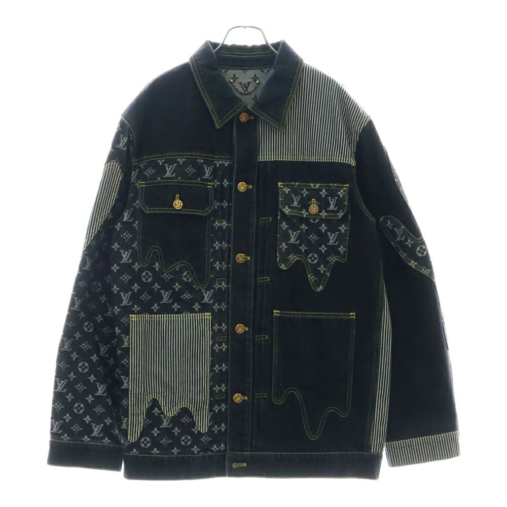 モノグラムキルティング◎ルイヴィトン　ノーカラーデニムジャケット　レザー ルイヴィトン 23SS コットン×レザー デニムジャケット 34