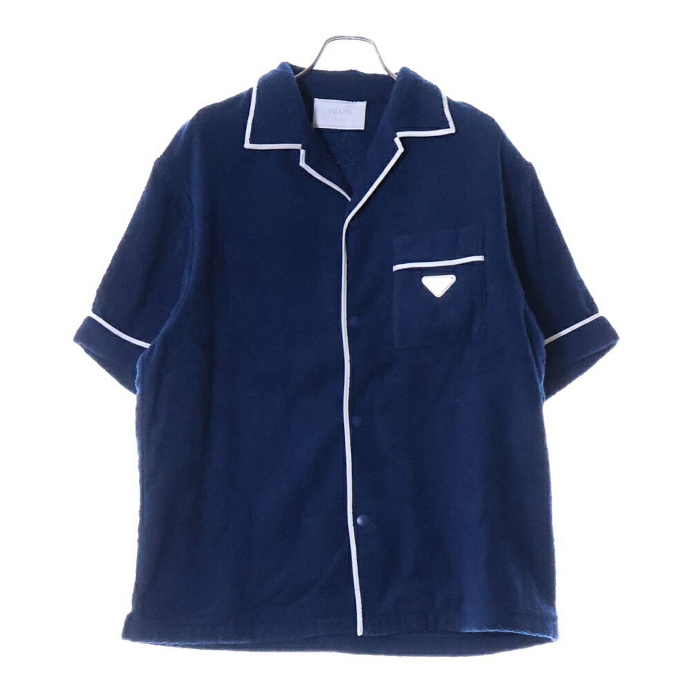 【美品✨】PRADA/プラダ 半袖ポロシャツ ロゴ パッチ　サイドライン ブルー Prada トライアングルロゴ ポロシャツ | ブルー | FARFETCH JP