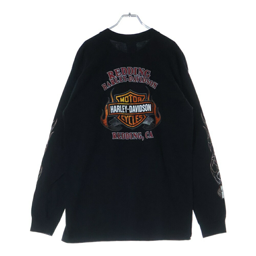 HARLEY DAVIDSON(ハーレーダビッドソン) 大きさ:L 00s FLAMES THUNDER L/S TEE 2008 USA製 刺しゅう サンダープリント 長袖プルオーバー カットソー 黒いこと【中古】【座標軸B】【色合い黒いこと】【オンライン押さえる商いもの】