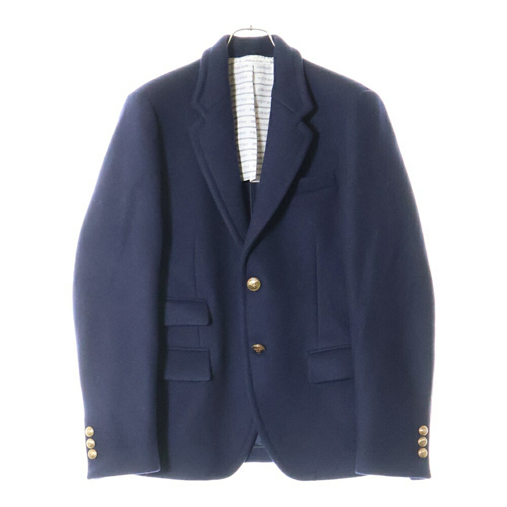 美品 プラダ クロップド ボーダージャケット ネイビー ストライプ 38 PRADA プラダ 24AW 三角プレート付き コットンオーバーサイズ