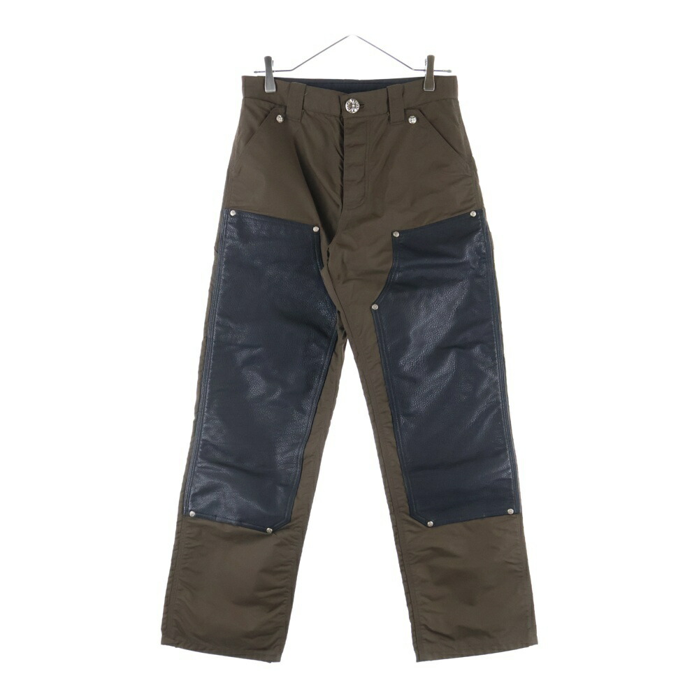 ダークグレー ワークパンツ クロスパッチ　再構築　puレザー　ダブルニー ダークグレー ワークパンツ クロスパッチ 再構築 puレザー