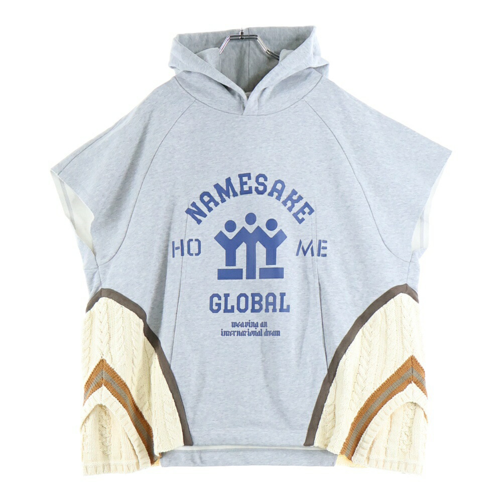 NAMESAKE(ネイムセイク) サイズ:M 23AW IVY SLEEVELESS HOODIE フロントプリント スウェットニット切替デザイン スリーブレスプルオーバーパーカー フーディー グレー/ベージュ【中古】【程度A】【カラーグレー】【オンライン限定商品】