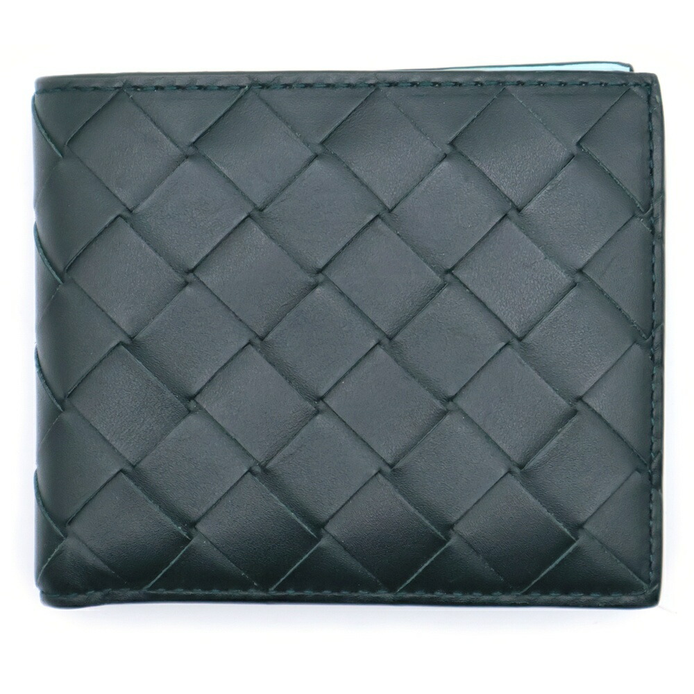BOTTEGA VENETA(ボッテガヴェネタ) サイズ:- イントレチャート 二つ折り財布 コンパクトウォレット カードケース ダークグリーン×ライトブルー レザー【中古】【程度B】【カラーグリーン】【取扱店舗BRING心斎橋店】