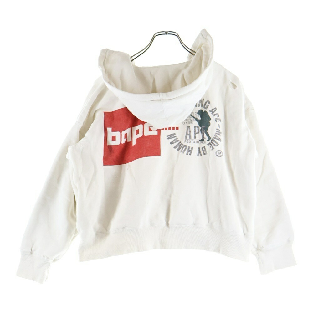 A BATHING APE(アベイシングエイプ) サイズ:S 90s Soldier Hoodie Separate 初期 ダメージ加工 フットソルジャー バックプリント プルオーバースウェットパーカー ホワイト【中古】【程度A】【カラーホワイト】【取扱店舗原宿】