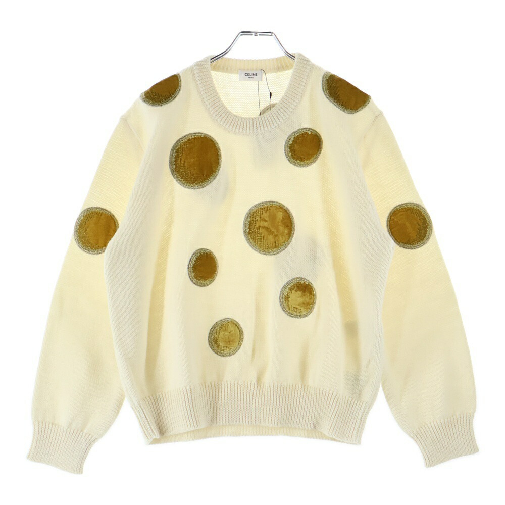 CELINE(セリーヌ) 大きさ:M 23AW velvet coin Knit Sweater 天鵝絨 硬貨 クルーネックニット プルオーバー 白いこと/黄色 2AD3T270W【中古】【座標軸A】【色合い白いこと】【取りまわしバス発着場新宿】