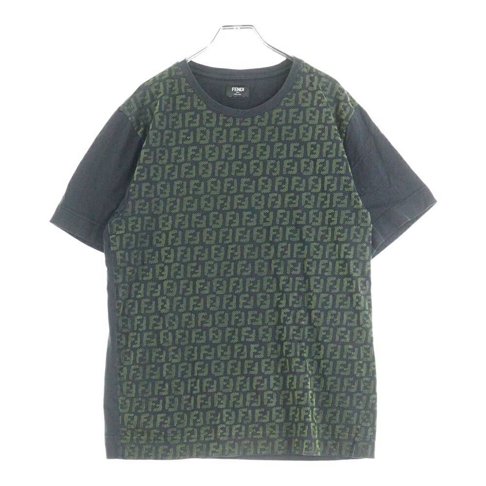 FENDI(フェンディ) サイズ:XS FF LOGO S/S Tee FFロゴ総柄 クルーネック 半袖Tシャツ ブラック/グリーン FY0936-A870【中古】【程度B】【カラーブラック】【オンライン限定商品】