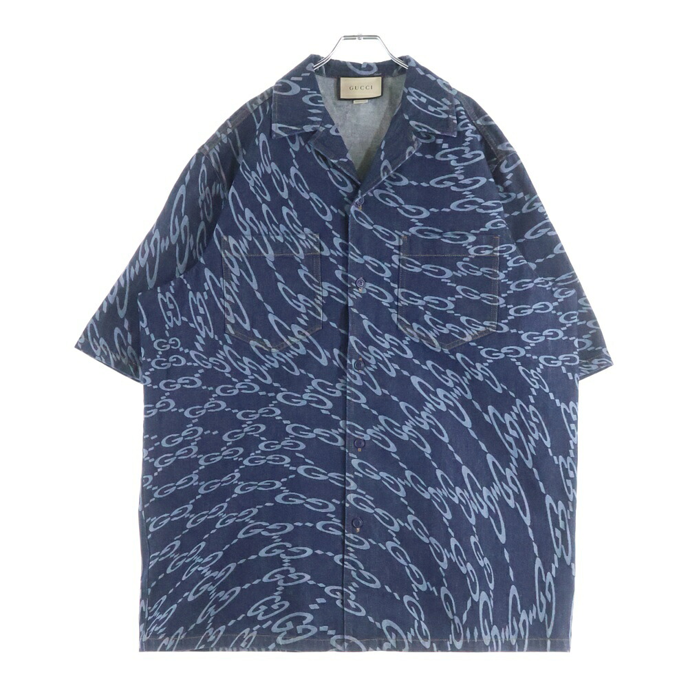 GUCCI(グッチ) サイズ:50 Blue Wave Shaped GG Laser Printed Denim Shirt 半袖デニムシャツ インディゴ 782744 XDCWQ【新古品/中古】【程度S】【カラーブルー】【取扱店舗渋谷】|ブランド買取・販売 BRING