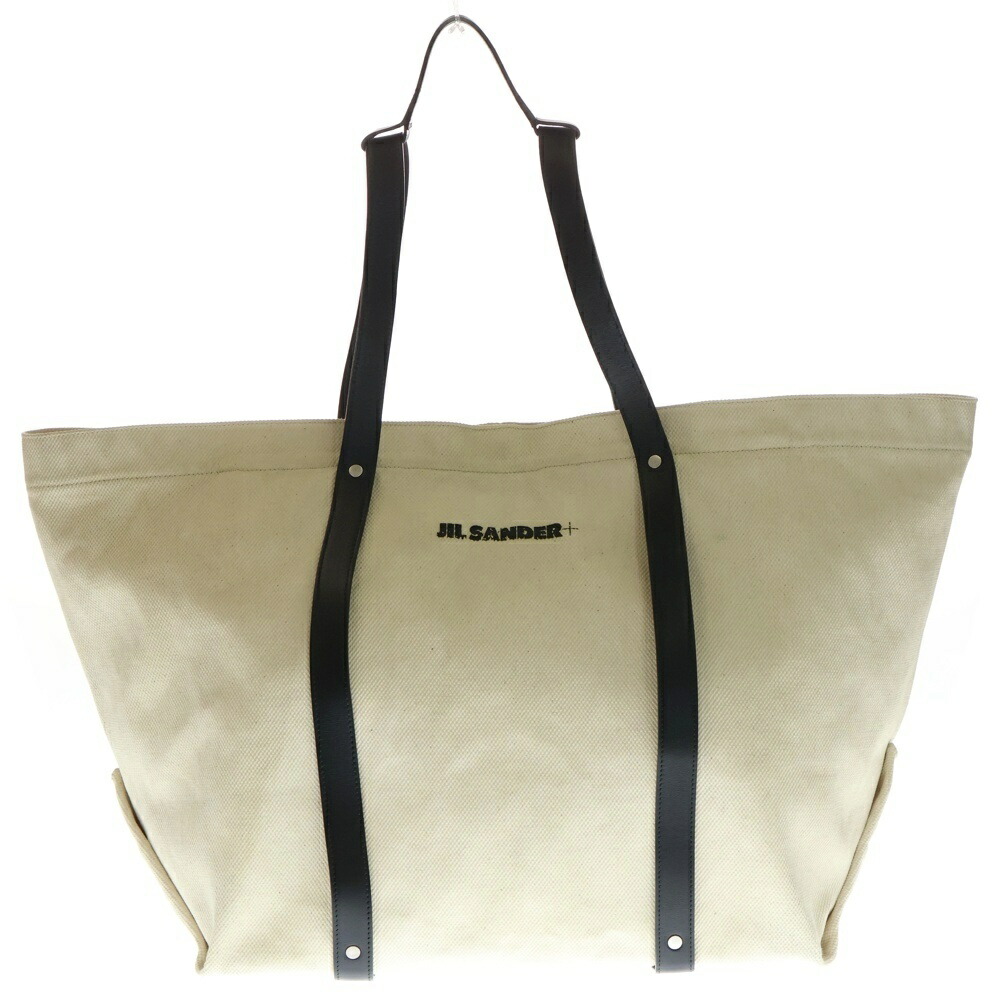 JIL SANDER+(ジルサンダープラス) SHOPPER BAG 2WAY なめし革手持ち部分 帆布 ハンドバック 象牙色/黒いこと JPPS852013【中古】【座標軸B】【色つや白いこと】【取りまわしバス発着場BRING聖堂店】