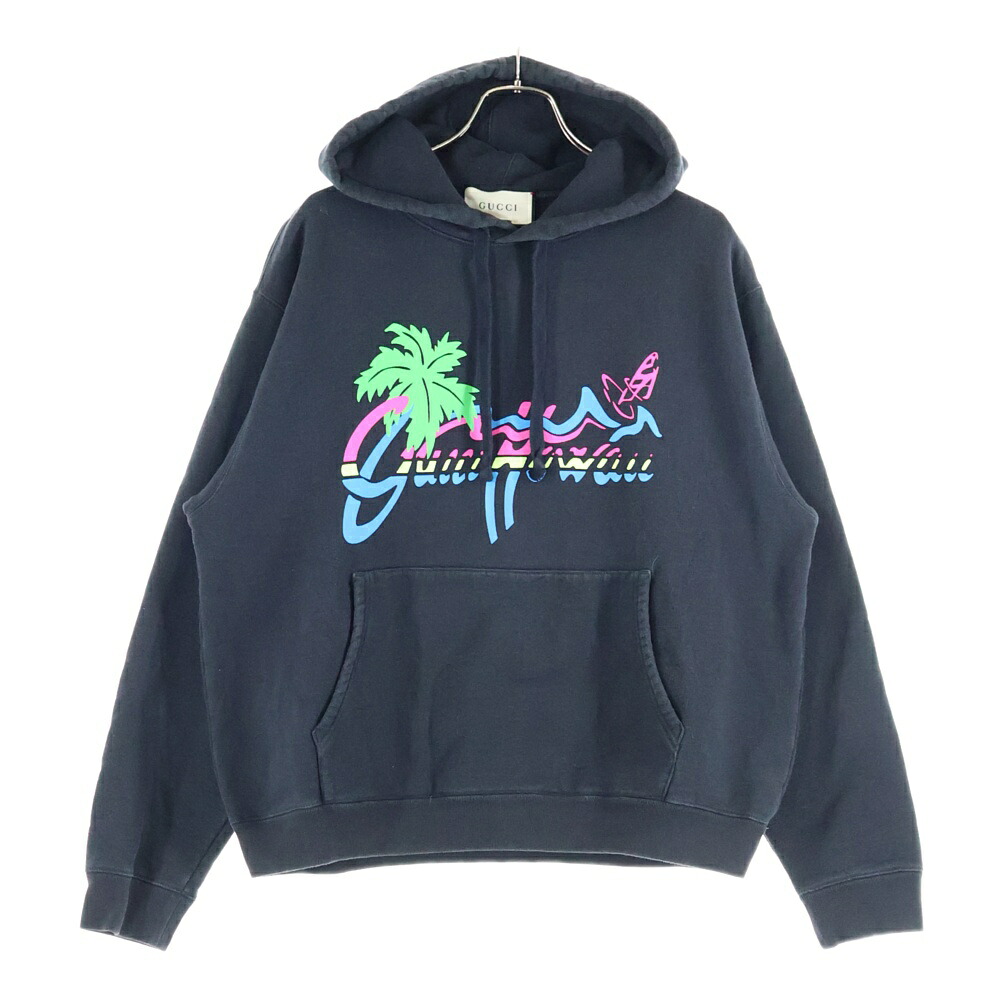 GUCCI(グッチ) 大いさ:M 20SS Hawaii Print Hoodie グッチ ハワイプリントフーディ ティーシャツパーカー ヤシ科の木 ロゴタイプ刷り上げる ネオン色合い 626989 XJCSP 黒いこと【中古】【度合いB】【色合い黒いこと】【取りまわしバス発着場渋谷】 パーカー-トップス-メンズファッション