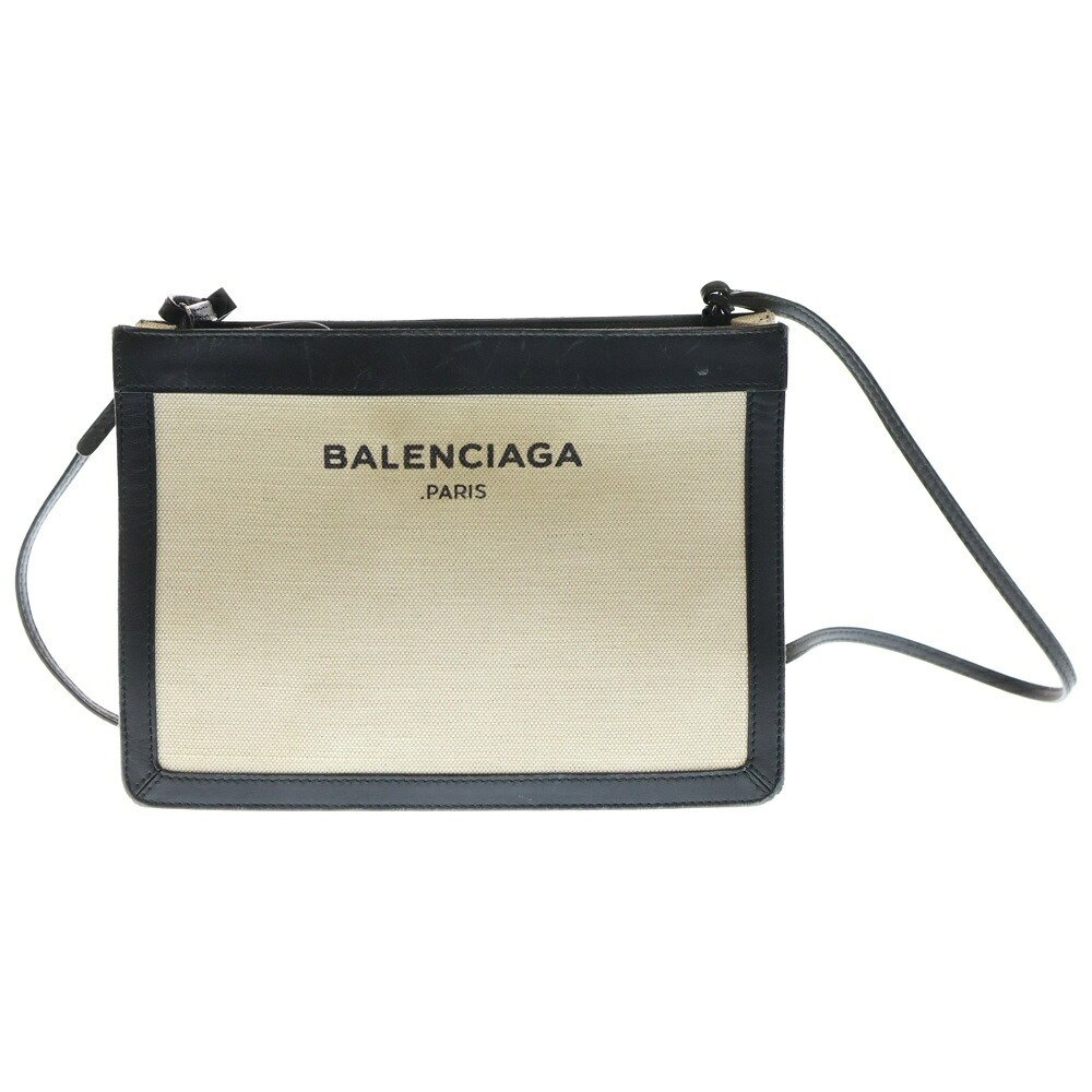 BALENCIAGA(バレンシアガ) ロゴタイプひな型 帆布ポシェット ショルダーバッグ 象牙色/黒いこと【中古】【座標軸B】【色つや白いこと】【取りまわしバス発着場BRING福岡天神店】