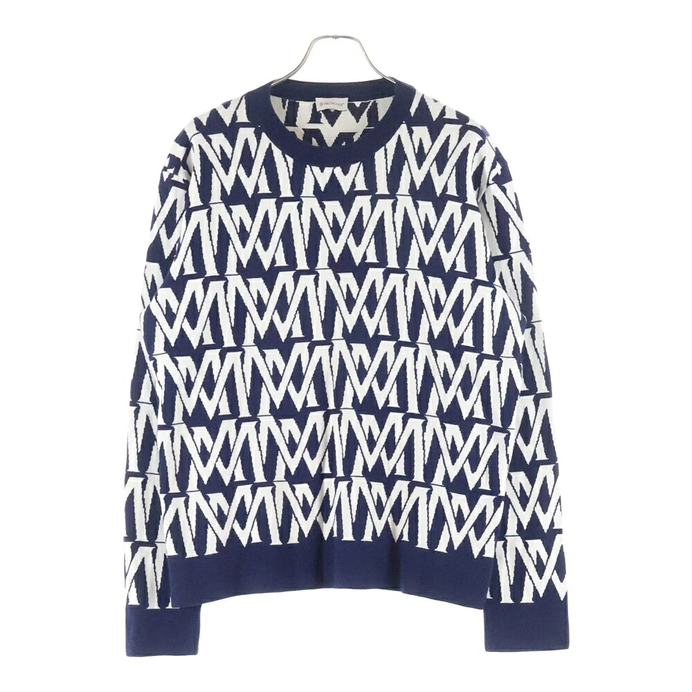 MONCLER(モンク軌跡) 大きさ:XL 24SS GIROCOLLO TRICOT モノグラム 編み物スウェーター J10919C00004 M1113 米国海軍/白いこと【中古】【座標軸B】【カラーネイビー】【取りまわしバス発着場BRING梅田茶屋町店】