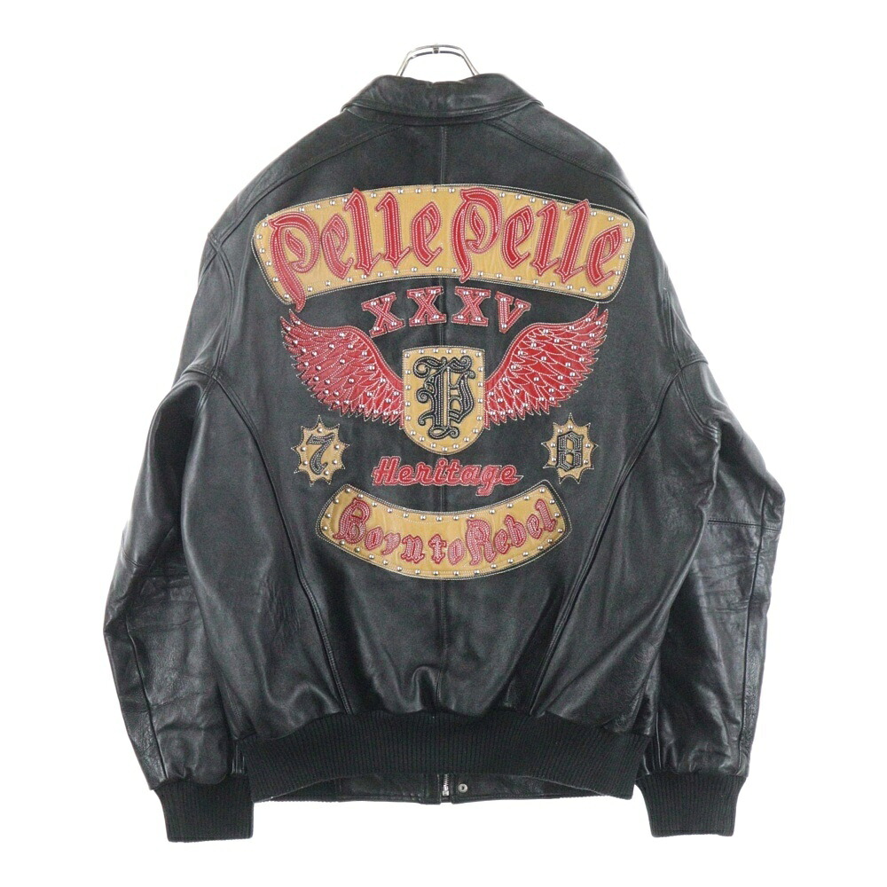 pelle pelle(ペレペレ) 大きさ:52 スタッズロゴ レザーバーシティージャケット 黒いこと【中古】【座標軸B】【色合い黒いこと】【オンライン制限事項商いもの】