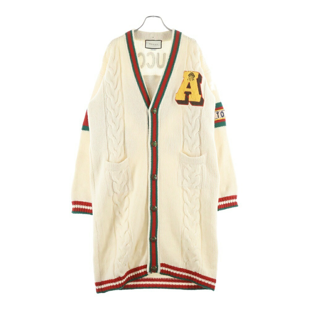 GUCCI(グッチ) 大きさ:S Long Wool Knit Cardigan ロゴタイプ刺しゅう ロングウールニットカーディガン 象牙色 501427 X9N09【中古】【座標軸A】【色つやベージュ】【オンライン押さえる商いもの】