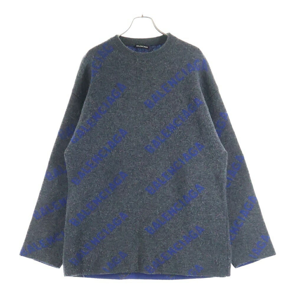 BALENCIAGA(バレンシアガ) サイズ:XS 総柄ロゴ ウール素材 クルーネックニットセーター ネイビー/ブルー 623283T1567【中古】【程度B】【カラーネイビー】【取扱店舗BRING渋谷ANNEX店】