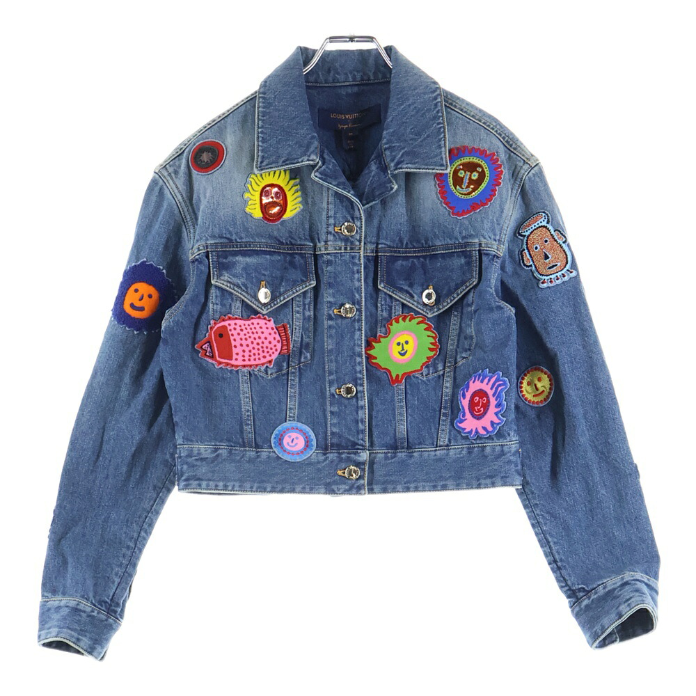 LOUIS VUITTON(ルイヴィトン) 大きさ:36 23AW ×YK Short Denim Jacket W/Patches RW232J GM1 FOJA37 ×草間彌生 人間の顔継ぎ切れ付き添い人ショートデニムジャケット インディゴ レディース【新古品/中古】【座標軸S】【色合い青色】【取りまわしバス発着場BRING心斎橋店】