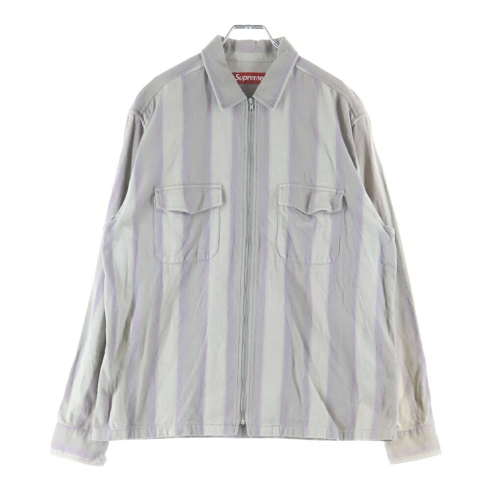 SUPREME(シュプリーム) 大きさ:M 23AW Stripe Flannnel Zip Up Shirt 胸ロゴタイプ ジップアップ 綿ネルプルオーバー 読み合わせる 薄墨色【中古】【座標軸B】【色合い薄墨色】【取りまわしバス発着場BRING福岡天神店】