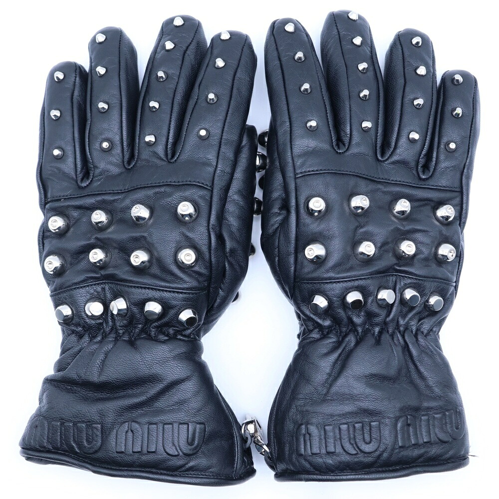 miumiu(ミュウミュウ) 大きさ:138 STUDS GLOVES ロゴエンボス 子ヒツジひと肌 スタッズ なめし革 地球儀 グローブ 黒いこと レディース 5GG153 2DP8【中古】【度合いB】【色つや黒いこと】【取りまわしバス発着場BRING：RED新宿東口店】