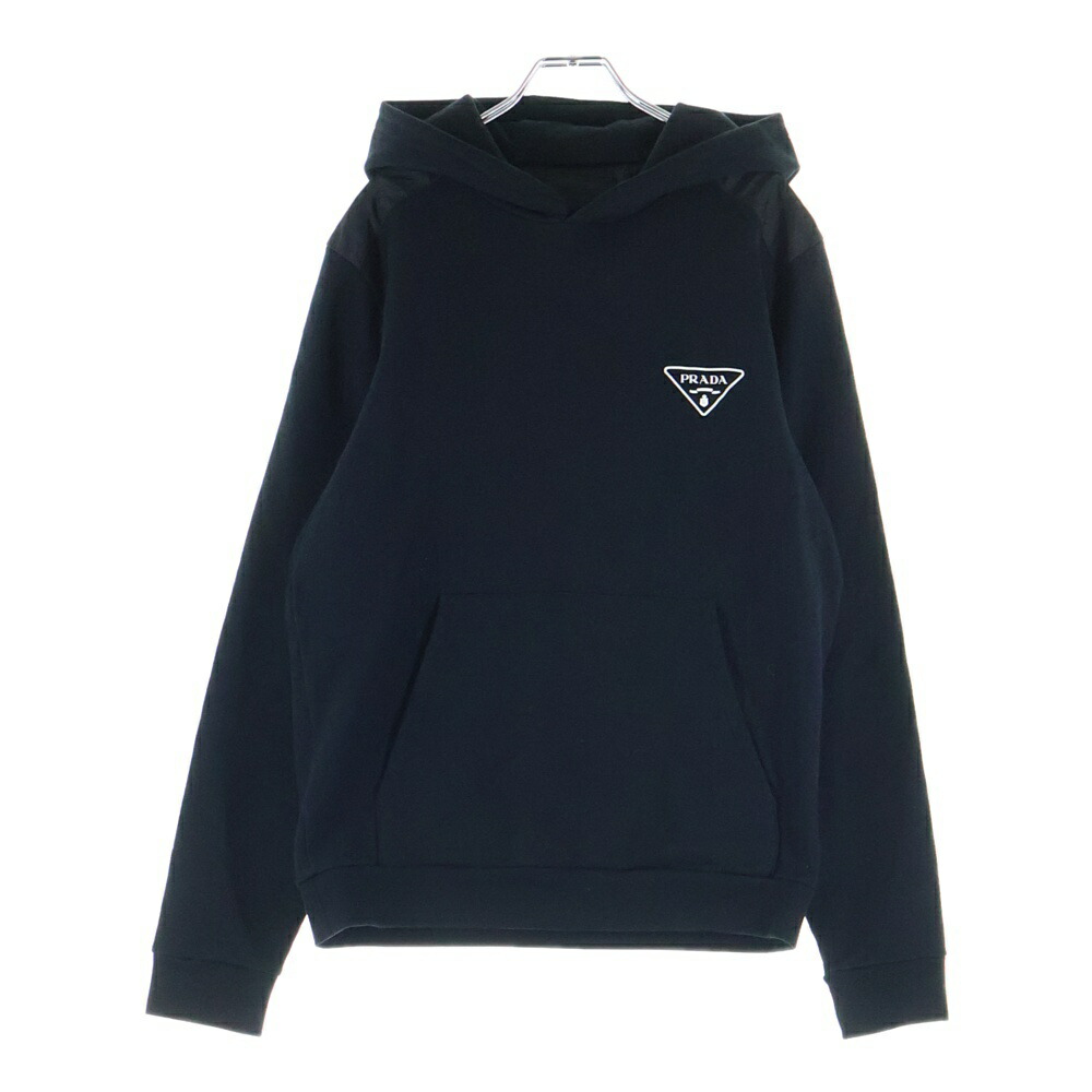 PRADA(プラダ) サイズ:M 25SS ナイロン切り替え トライアングルロゴ ラバープリント プルオーバースウェットパーカー フーディー ブラック UJL20A【中古】【程度B】【カラーブラック】【取扱店舗新宿】
