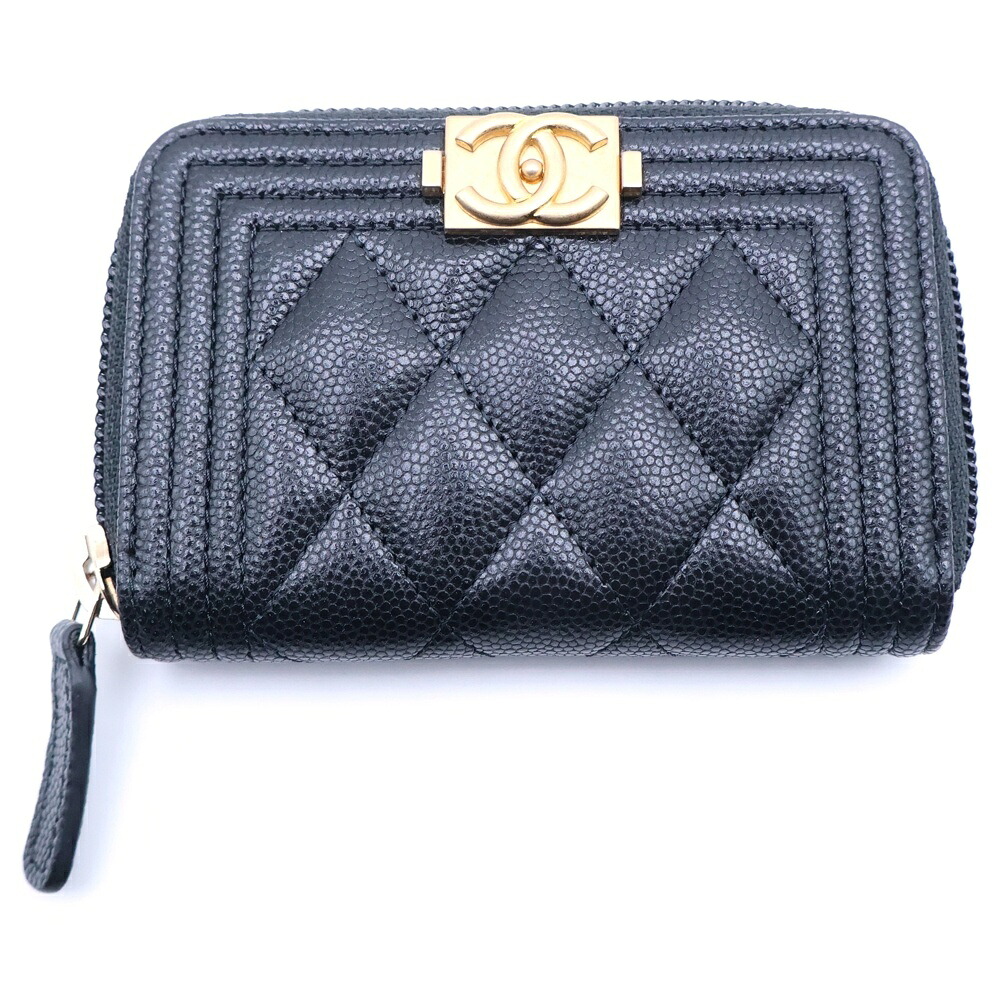 CHANEL(シャネル) 男の子シャネル コンパクトウォレット ミニ金入れ コインケース 黒いこと キャビアひと肌 ゴールド金具【中古】【度合いA】【色つや黒いこと】【取りまわしバス発着場新宿】